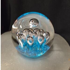 Hand Blown Art Glass Paperweight Controlled Bubble Blue Bullicante Vintage 3"X3"